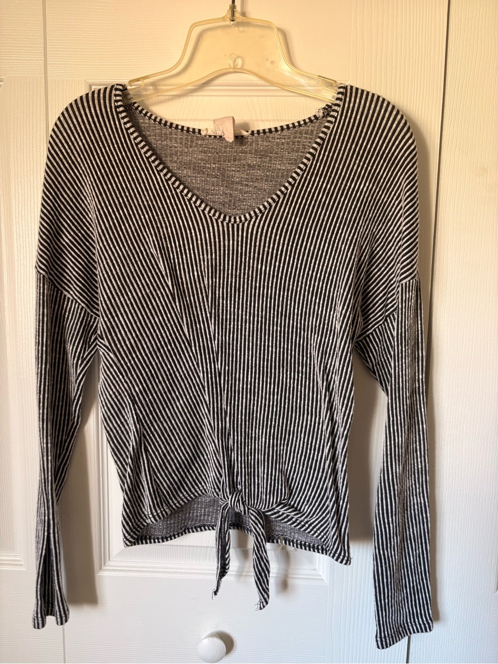 Caution To The Wind Black & White Striped Tie-Front V-Neck Top